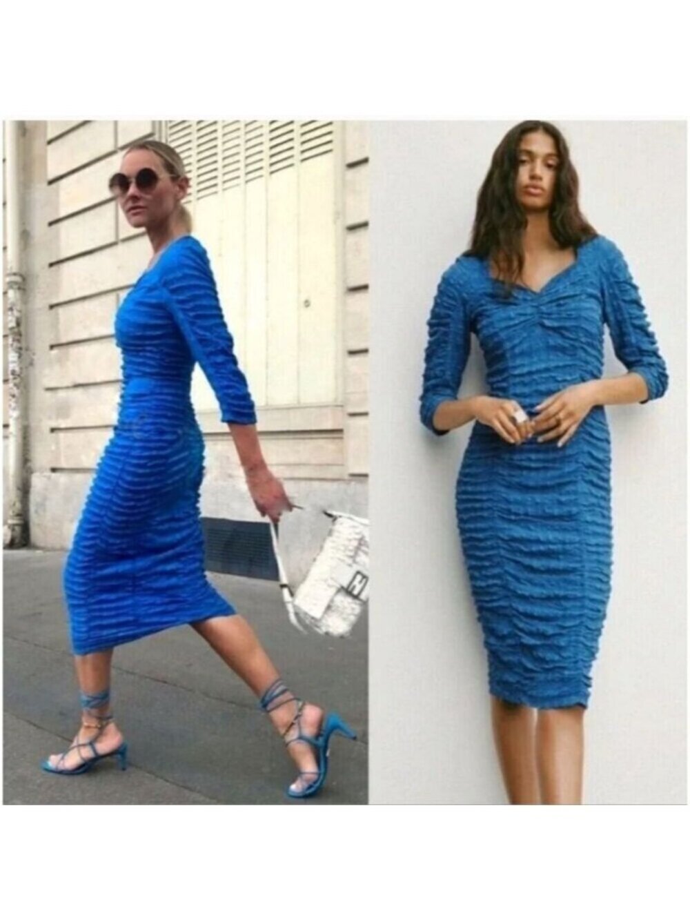 ZARA | Anne Ruched Textured Midi Dress blue Sz S